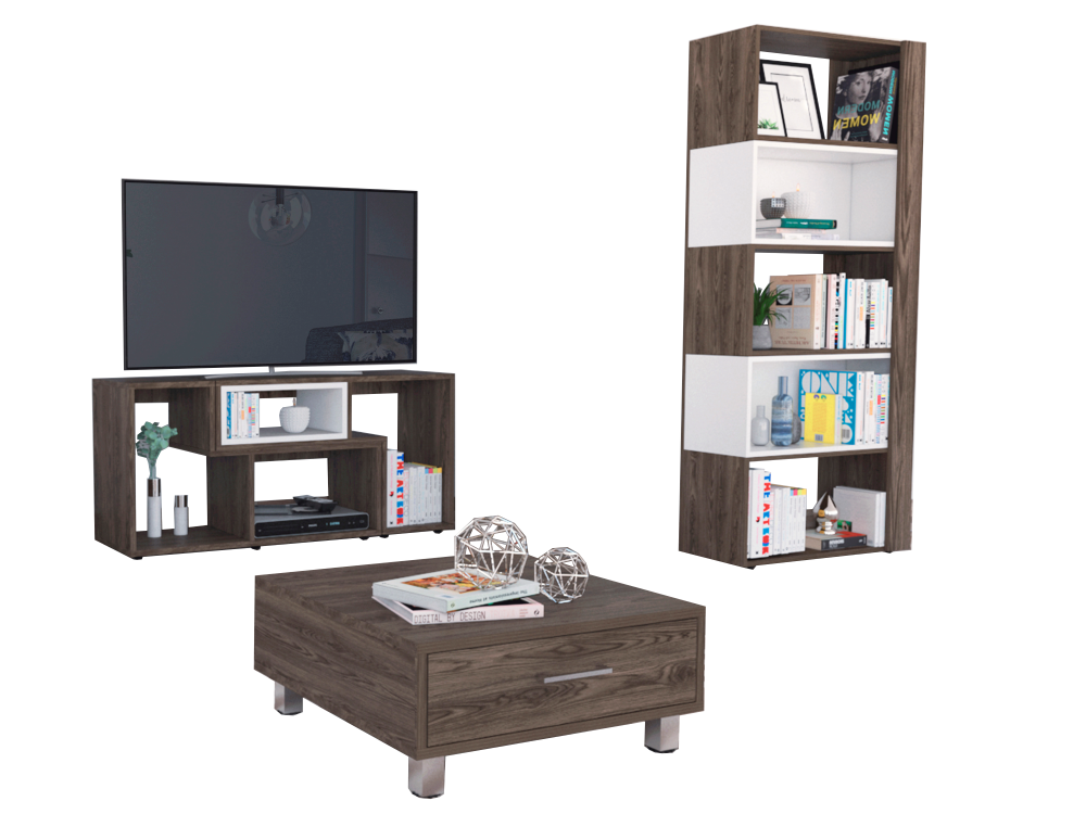 Rack Extensible + Biblioteca Cubo + Mesa de Centro Beijing Color Coñac y Blanco Para Sala De Estar